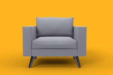 Stüdyo sarı arka planda yastıklı gri koltuk. 3B yorumlama ve yaslanmanın illüstrasyonu