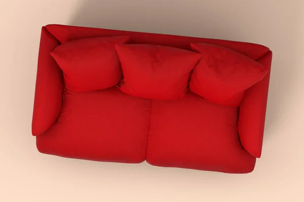Καναπές κόκκινος με μαξιλάρια σε ροζ φόντο. — Φωτογραφία Αρχείου