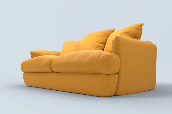 Žlutý gauč s polštáři na studio šedé pozadí. — Stock fotografie