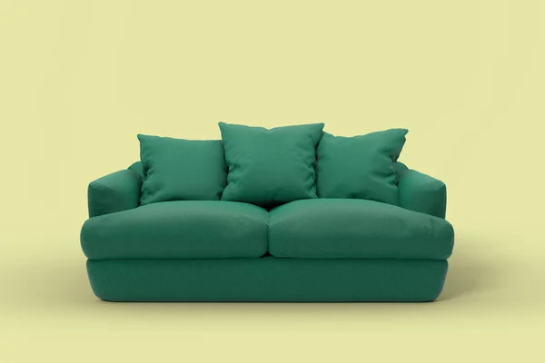 Sofá verde con almohadas sobre fondo amarillo estudio. — Foto de Stock