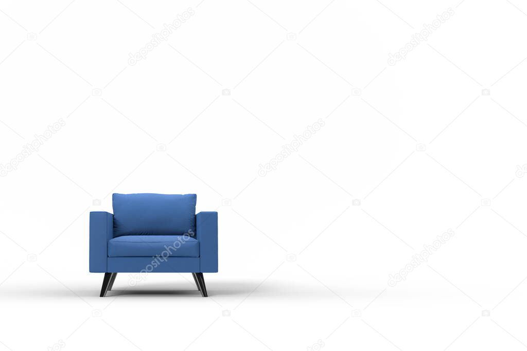 Blue armchair with pillows on studio white background.