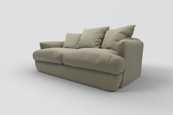 Grey couch with pillows on studio white background.