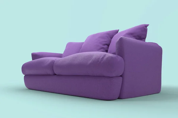 Sofá violeta com travesseiros no estúdio fundo azul. — Fotografia de Stock