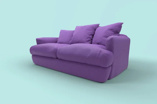 Sofá violeta con almohadas sobre fondo azul estudio. —  Fotos de Stock
