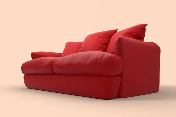 Rote Couch mit Kissen auf rosa Hintergrund. — Stockfoto