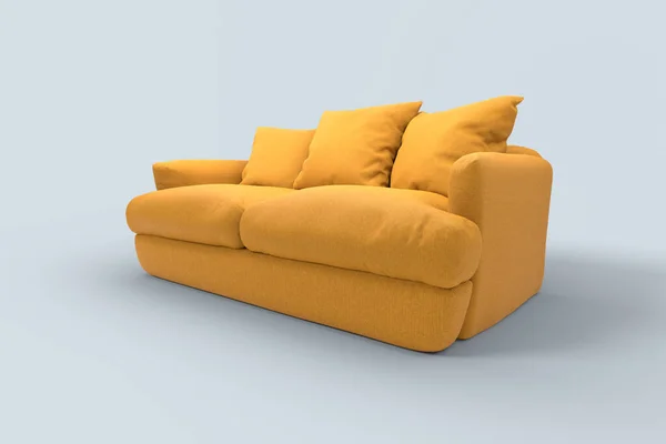 Sofá amarillo con almohadas sobre fondo gris estudio. — Foto de Stock