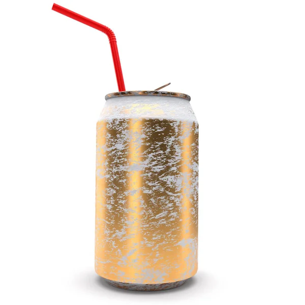Gold frozen aluminum beer or soda can with red straw isolated on white. — Stock Photo, Image