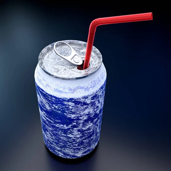 Blue frozen aluminum beer or soda can with frost isolated on black background. — Stock Photo, Image
