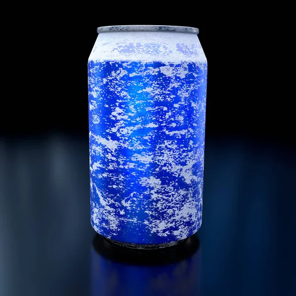 Blu congelato birra in alluminio o lattina di soda con gelo isolato su sfondo nero. — Foto Stock