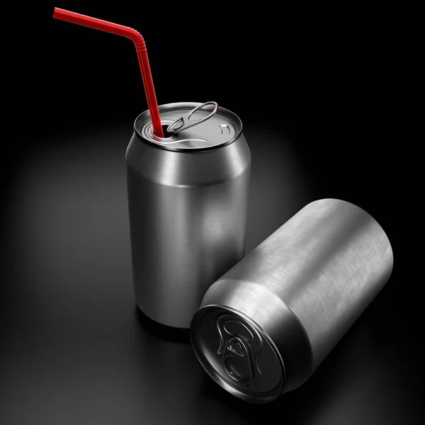 Silver aluminum beer or soda cans with red straw isolated on black background. 3D rendering mockup of alcohol drink can. View from the top