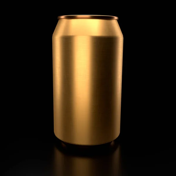 Goud aluminium bier of blikje frisdrank geïsoleerd op zwarte achtergrond. — Stockfoto
