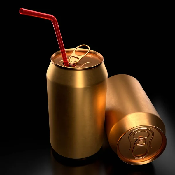 Goud aluminium bier of blikjes frisdrank met rood stro geïsoleerd op zwarte achtergrond. — Stockfoto