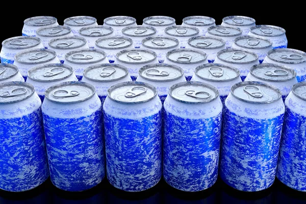 Group Frozen Blue Aluminum Energy Drink Cans Close Full Frame — Stock Photo, Image