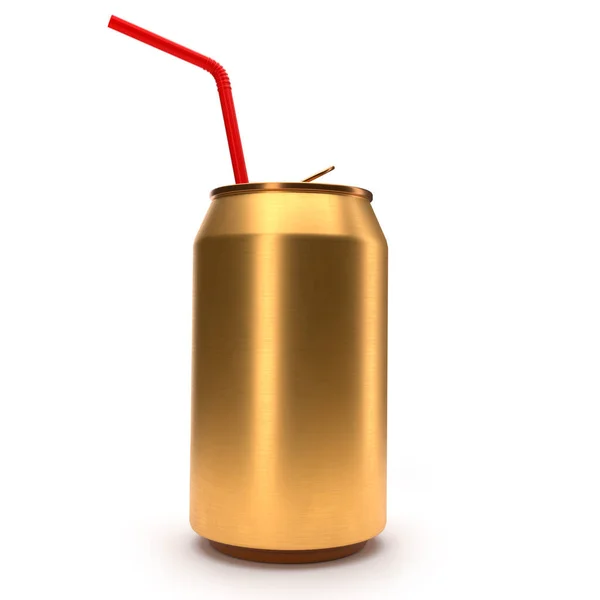 Goud Aluminium Bier Blikje Frisdrank Met Rood Stro Geïsoleerd Witte — Stockfoto