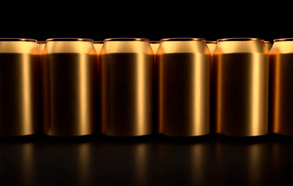 Group of gold aluminum energy drink cans in a row front view. 3D rendering mockup of alcohol drink can.