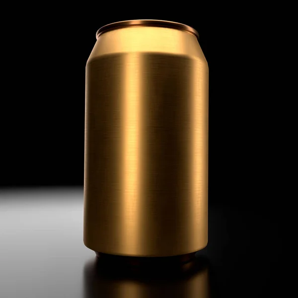 Cerveza Refresco Aluminio Dorado Aislado Sobre Fondo Negro Representación Maqueta —  Fotos de Stock