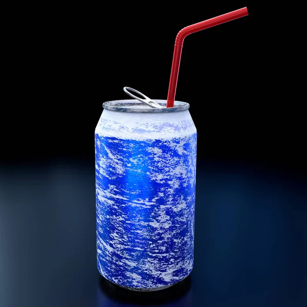 Blaue Gefrorene Aluminiumbier Oder Limonadendose Mit Rotem Strohhalm Auf Weißem — Stockfoto