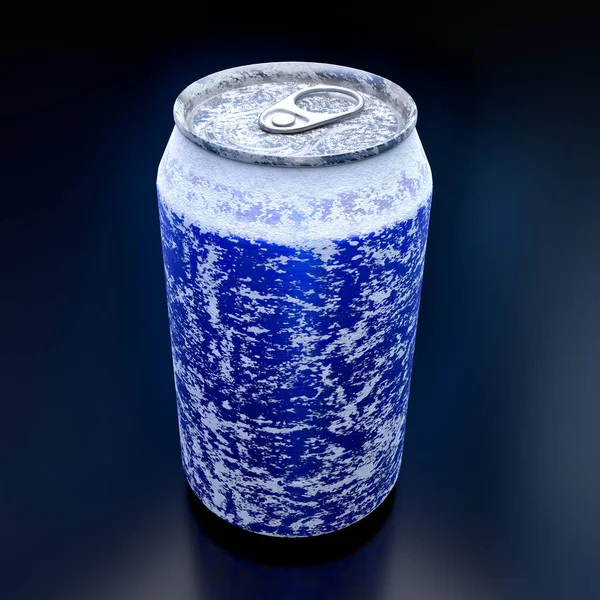 Blue Frozen Aluminum Beer Soda Can Frost Isolated Black Background — Stock Photo, Image