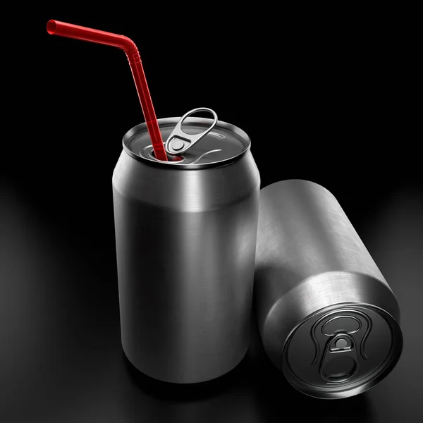 Srebrne Aluminiowe Puszki Piwie Lub Napoju Czerwoną Słomką Odizolowane Czarnym — Zdjęcie stockowe