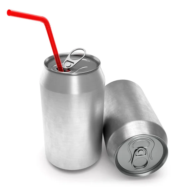 Zilverkleurig Aluminium Bier Blikjes Frisdrank Met Rood Stro Geïsoleerd Witte — Stockfoto