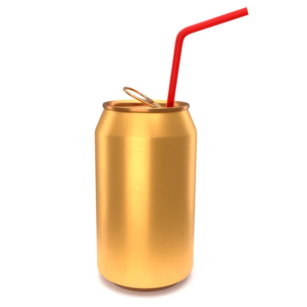 Χρυσό Αλουμινίου Μπύρα Σόδα Μπορεί Κόκκινο Άχυρο Απομονώνονται Λευκό Φόντο — Φωτογραφία Αρχείου