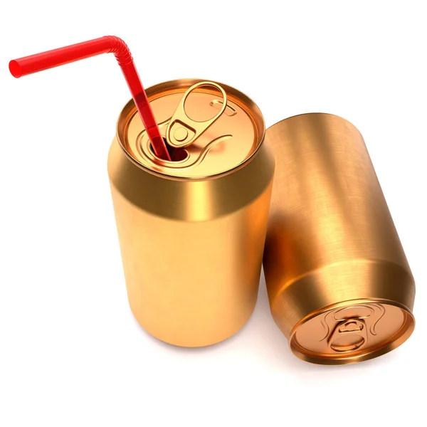 Goud Aluminium Bier Blikjes Frisdrank Met Rood Stro Geïsoleerd Witte — Stockfoto