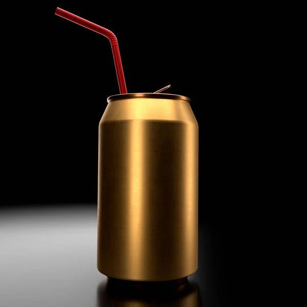 Goud Aluminium Bier Blikje Frisdrank Met Rood Stro Geïsoleerd Zwarte — Stockfoto