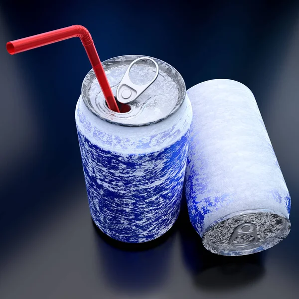 Blaue Gefrorene Aluminiumbier Oder Limonadendosen Mit Rotem Stroh Auf Schwarzem — Stockfoto
