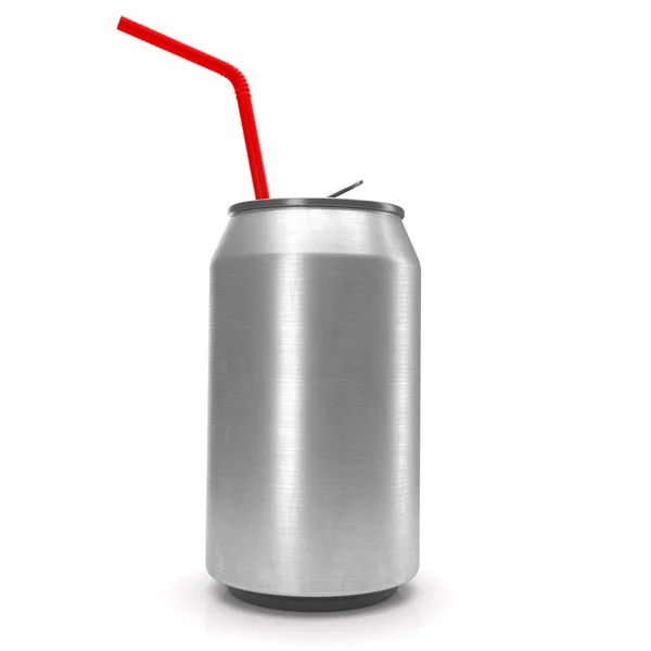 Srebrne Aluminiowe Piwo Lub Puszka Czerwoną Słomką Białym Tle Koncepcja — Zdjęcie stockowe