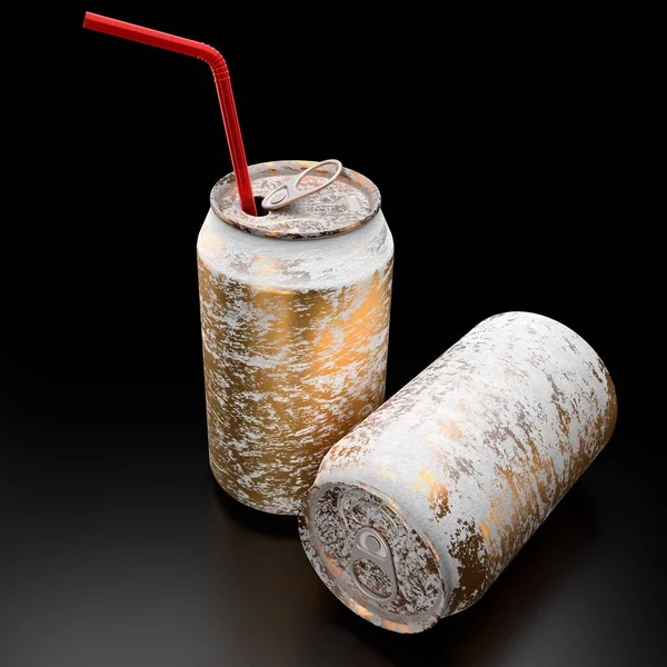 Gold Frozen Aluminum Beer Soda Cans Red Straw Isolated Black — Stock Photo, Image