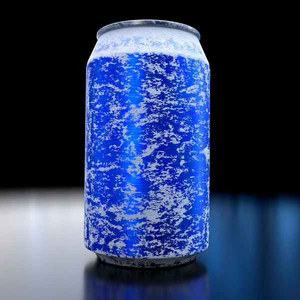 Blue Frozen Aluminum Beer Soda Can Frost Isolated Black Background — Stock Photo, Image