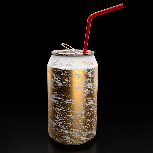 Gold Frozen Aluminum Beer Soda Can Frost Isolated Black Background — Stock Photo, Image