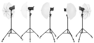 Photography studio lighting stand with flash and umbrella isolated on white clipart