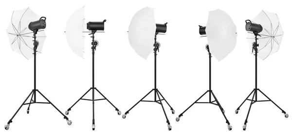 Photography studio lighting stand with flash and umbrella isolated on white — Stock Photo, Image