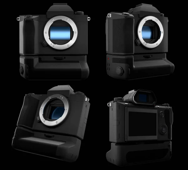 Conceito de câmera DSLR inexistente isolada em um fundo preto. — Fotografia de Stock