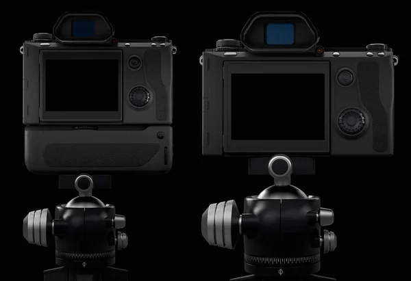 Trípode de fotos y videos con cámara DSLR inexistente aislada en negro — Foto de Stock