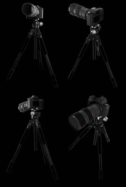 Photo and video tripod with nonexistent DSLR camera on it isolated on black — Stock Photo, Image