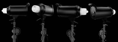 Fotoğraf stüdyosu flaşı siyah arka planda izole edilmiş bir aydınlatma tezgahında..