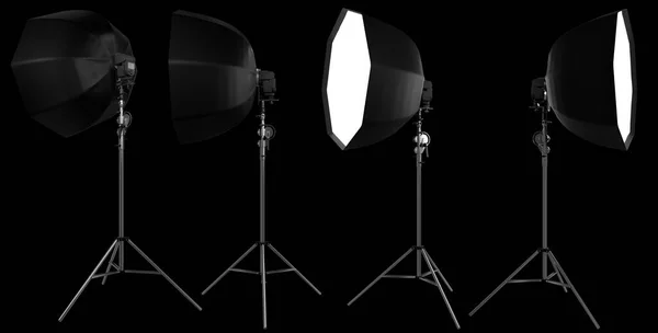 Studio lighting stands with flash and octobox isolated on the black background with clipping path. 3D rendering and illustration of professional photography equipment.