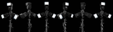 3 Speedlight, siyah arka planda izole edilmiş ve kırpma yolu olan tripod tutacağında silah gösteriyor. Profesyonel stüdyo ışığı gibi profesyonel ekipmanların 3 boyutlu görüntülenmesi ve çizimi