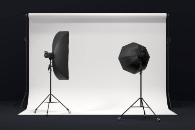 Arkaplanda profesyonel ışıklandırma ekipmanları ve fotokopi alanı olan 3D fotoğraf stüdyosu.