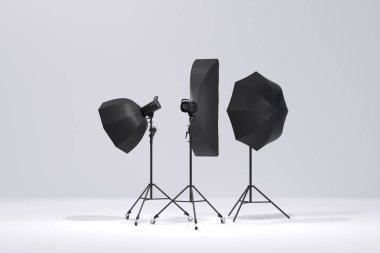Stüdyo ışıklandırması beyaz arka planda ışık, şemsiye ve yumuşak kutuyla ayakta duruyor. Profesyonel fotoğrafçılık ekipmanlarının 3D çizimi ve çizimi.