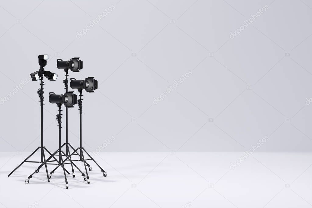 Photography studio flash on a lighting stand isolated on white background with curtain. 3D rendering and illustration of professional equipment like monobloc or monolight
