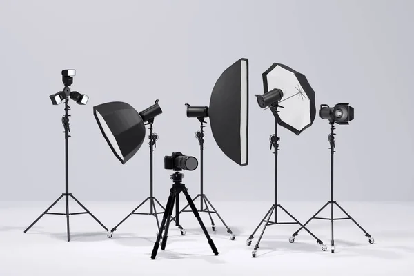 Fotografia Flash Studio Supporto Illuminazione Isolato Sfondo Bianco Con Tenda — Foto Stock