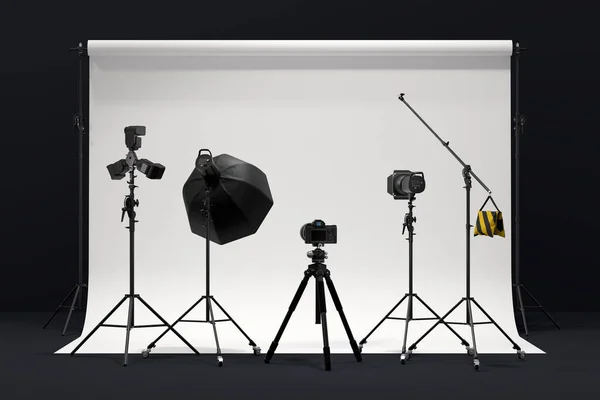 Rendering Fotografering Fotostudio Med Professionell Belysning Utrustning Och Kopiera Utrymme — Stockfoto