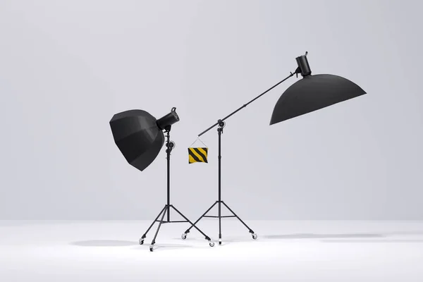 Stojaki Oświetleniowe Typu Studio Lampą Błyskową Softbox Białym Tle Renderowanie — Zdjęcie stockowe