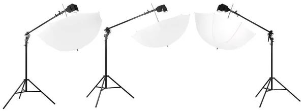 Photography Studio Speedlight Boom Stand Umbrella Isolated White Background Clipping — Stock Photo, Image