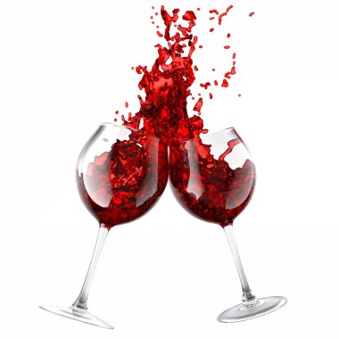 Kırmızı şarap ve beyaza izole edilmiş sıvı damlaları olan birkaç bardak..