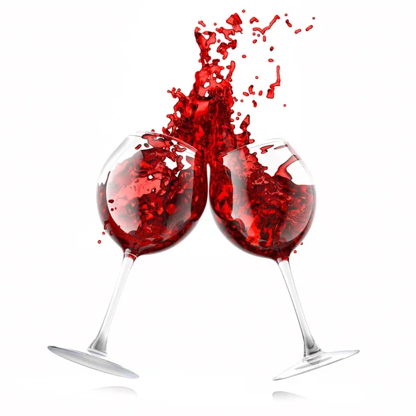 赤ワインと白に隔離された流体のスプラッシュを持つグラスのカップル. — ストック写真