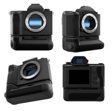 Var olmayan DSLR kamerası kavramı beyaz arkaplanda izole edildi.